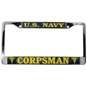 U.S. Navy Corpsman in Gold on Blue, Chrome License Plate Frame