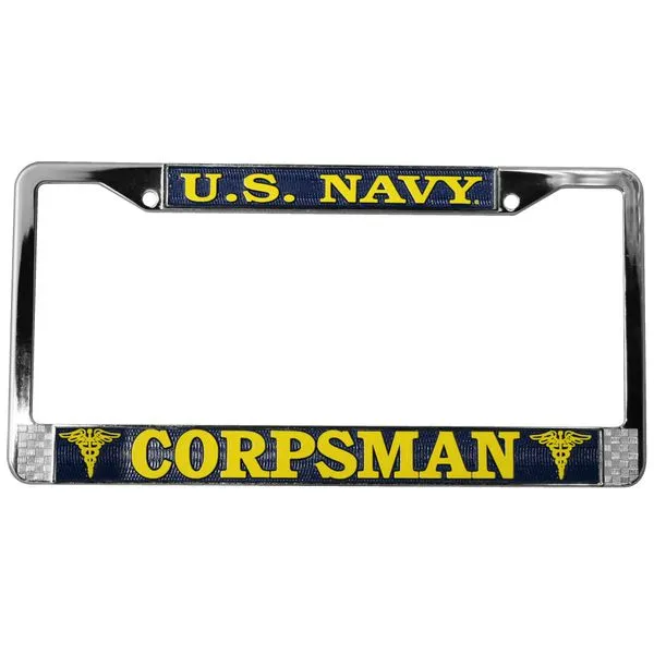 U.S. Navy Corpsman in Gold on Blue, Chrome License Plate Frame