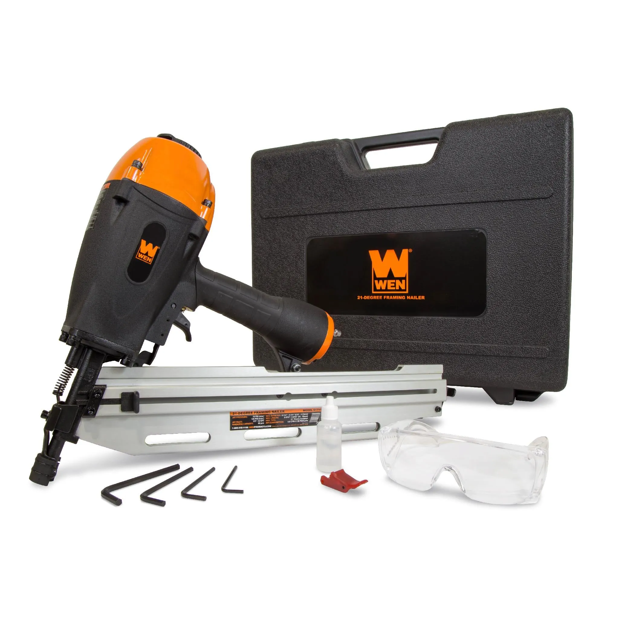 WEN 61793 21-Degree Pneumatic Framing Nailer with Carrying Case