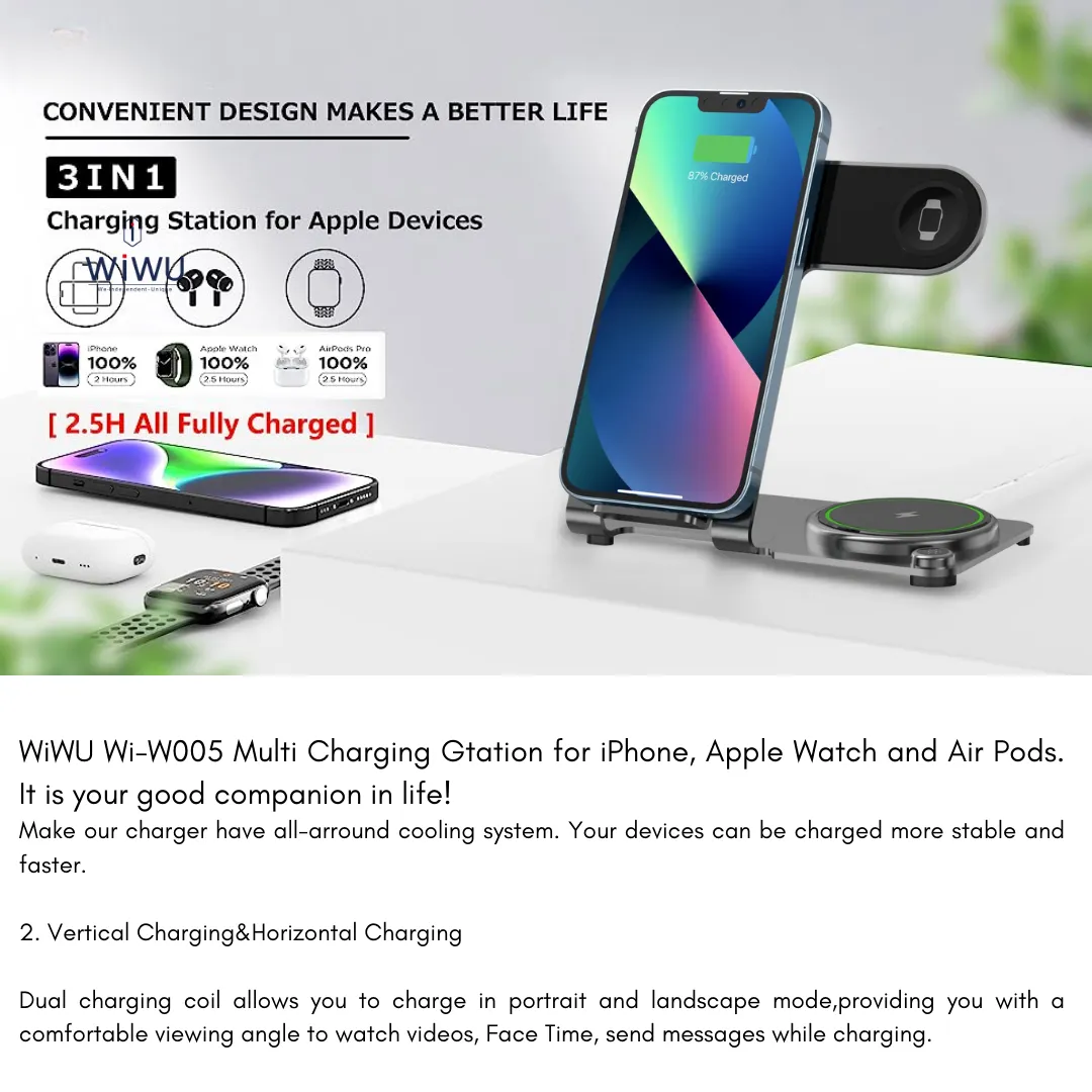 WiWU Wi-W005 3 in 1 Charging Station Metal - Aluminum Alloy Multi Fast Wireless Charger Stand Docking