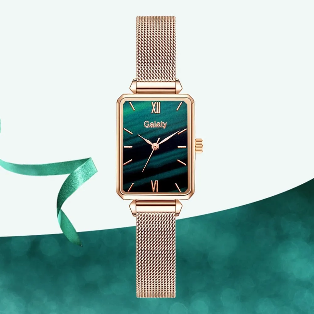 Women Watches Fashion Square Ladies Quartz Watch Bracelet Set Green Dial Mesh Watches