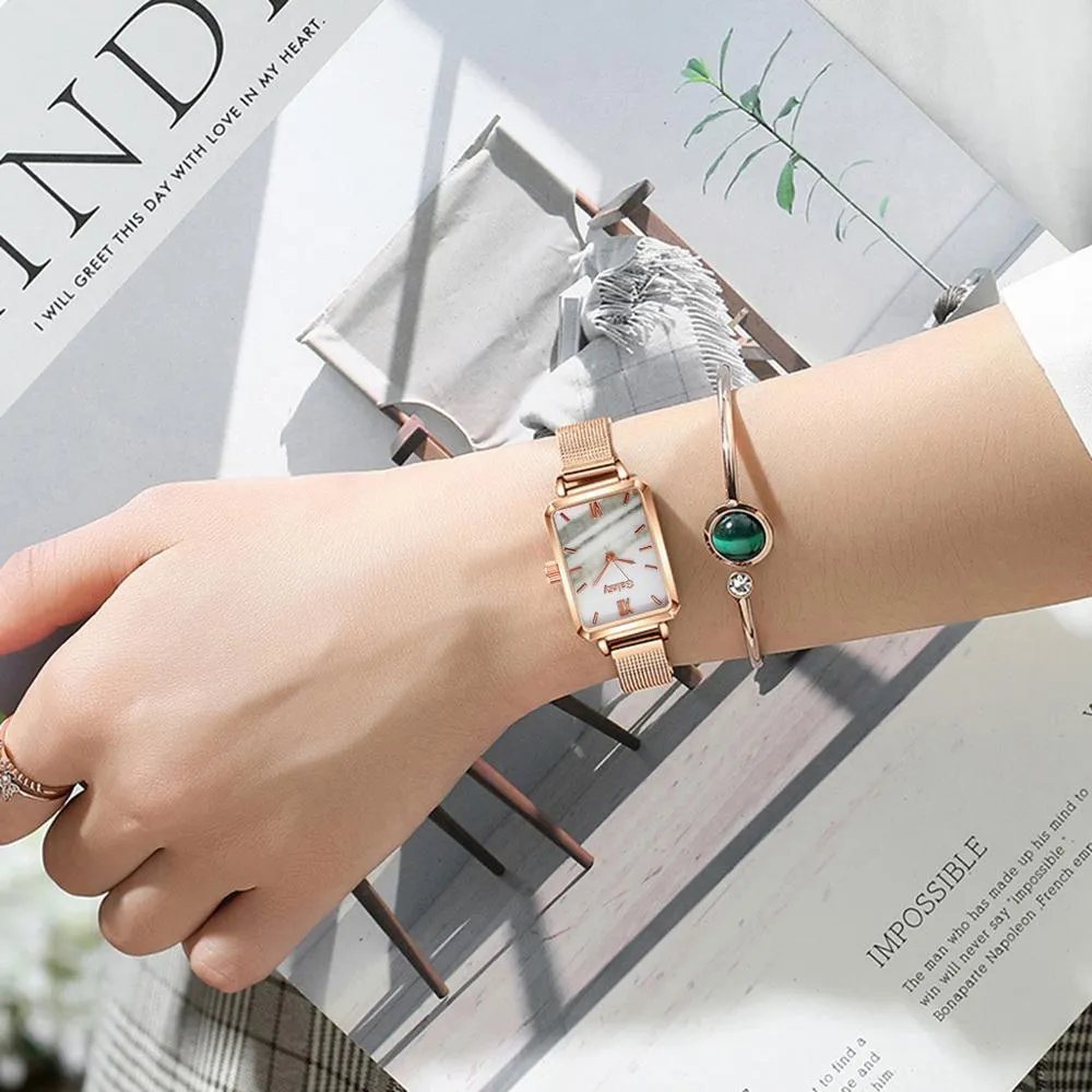 Women Watches Fashion Square Ladies Quartz Watch Bracelet Set Green Dial Mesh Watches