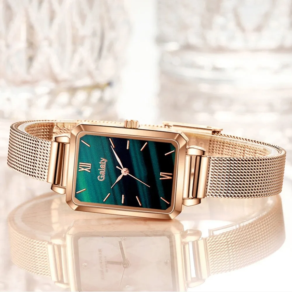 Women Watches Fashion Square Ladies Quartz Watch Bracelet Set Green Dial Mesh Watches