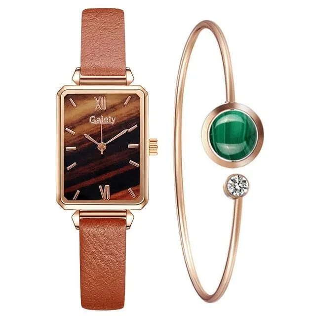 Women Watches Fashion Square Ladies Quartz Watch Bracelet Set Green Dial Mesh Watches