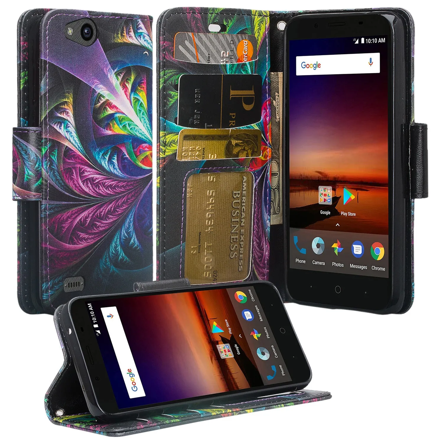 ZTE Tempo X Case, Tempo Go, Blade Vantage, Avid 4, ZFive C, ZFive G, N9137, Z557BL, Z558VL, Slim Flip Fold [Kickstand] Faux Leather Wallet Cover w/ Slots & Pocket   Wrist Strap - Rainbow Feather