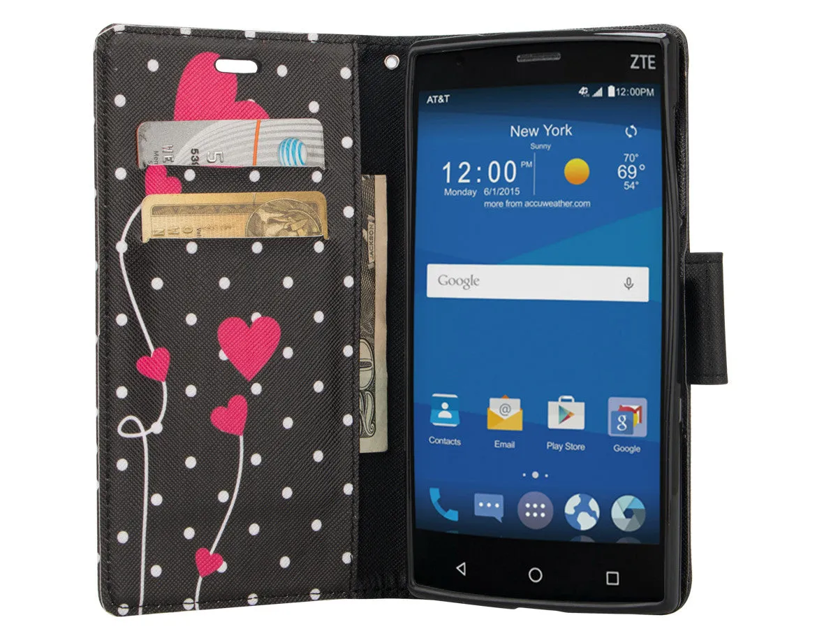 ZTE ZMAX 2 | Z958 Case, Wrist Strap Magnetic Fold[Kickstand] Pu Leather Wallet Case with ID & Credit Card Slots for ZTE ZMAX 2 - Polka Dot Hearts